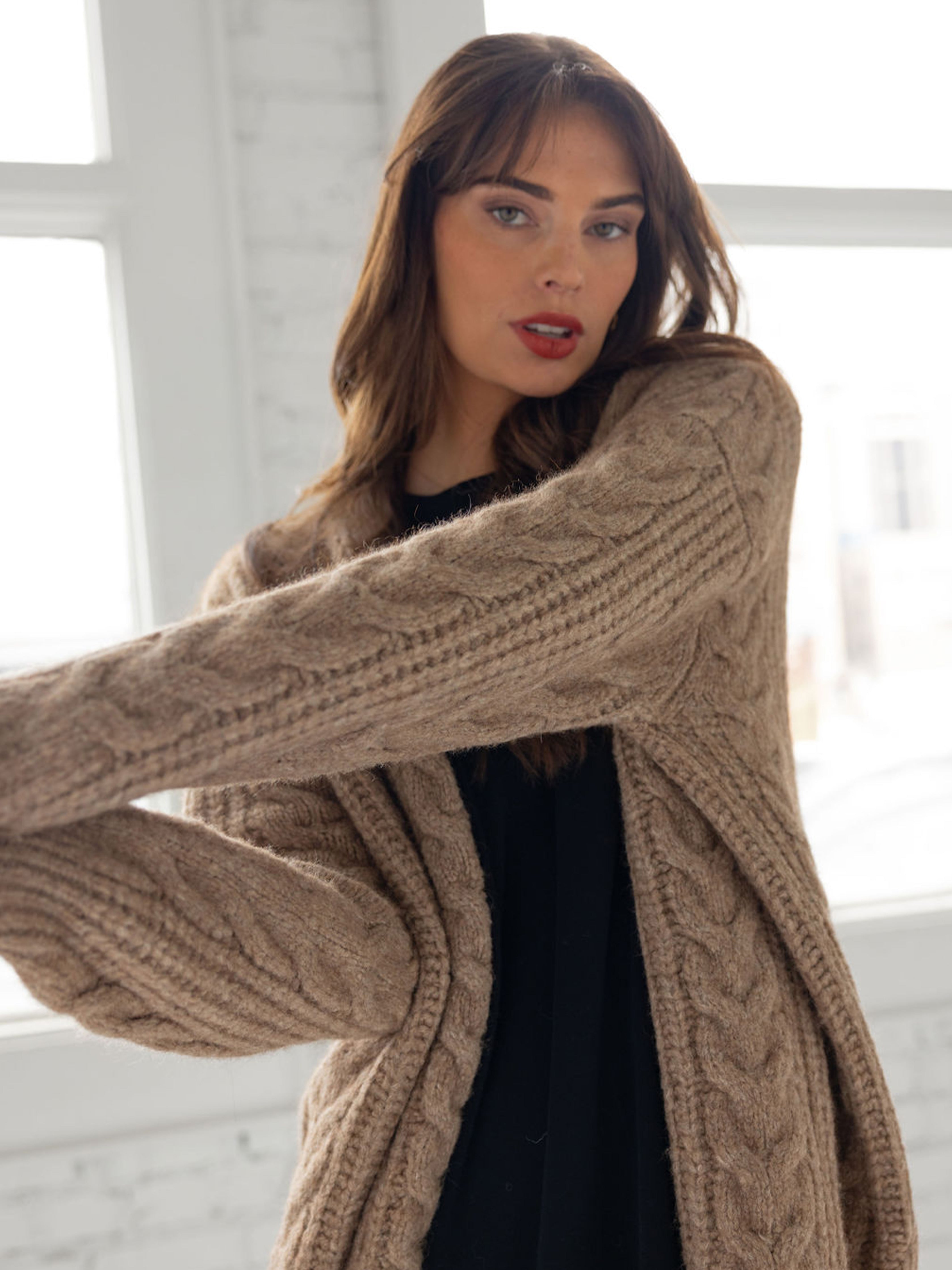 Close up of woman in mushroom cardigan over black dress in front of windows |Color:Mushroom