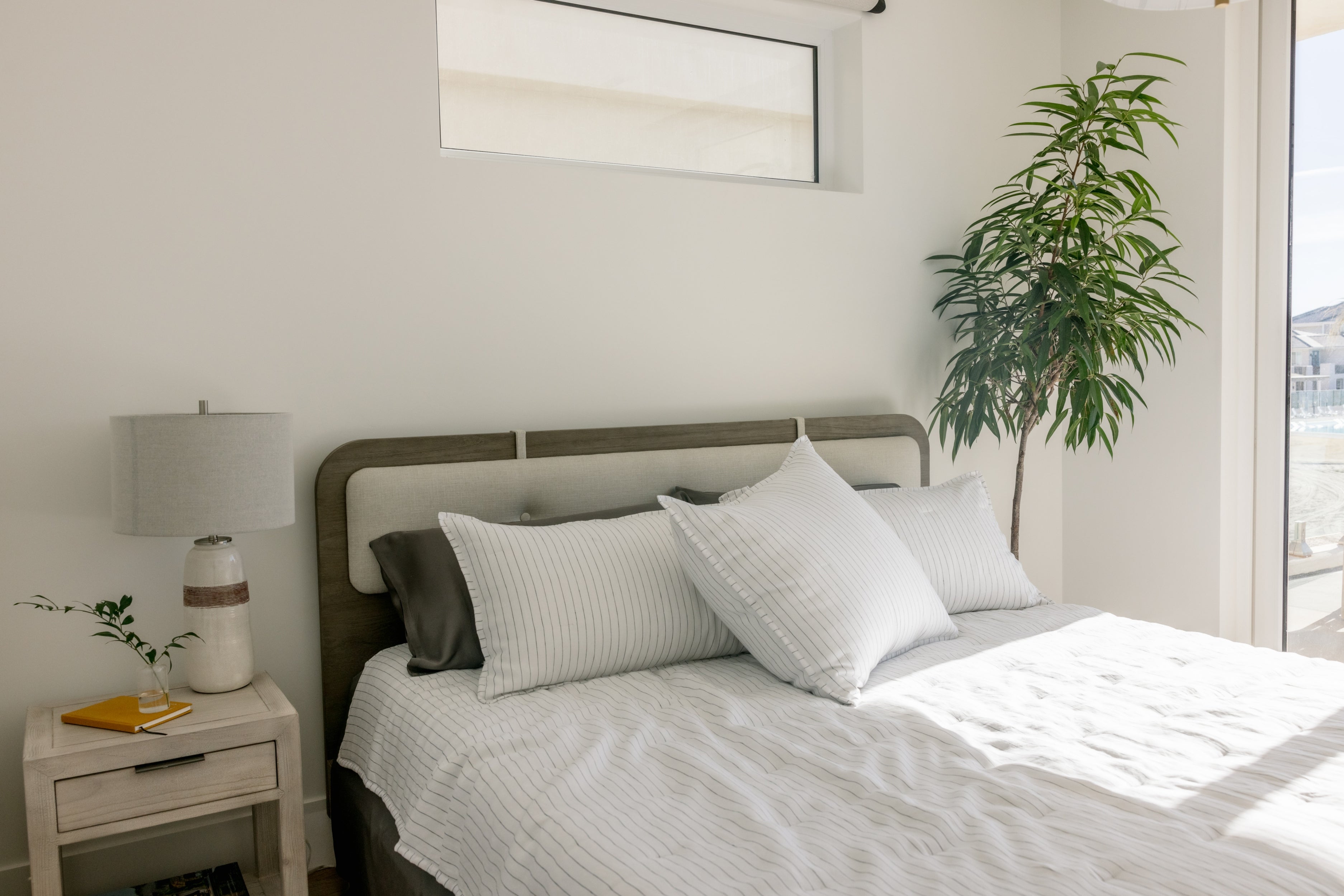 Bed with charcoal pencil stripe quilt and shams |Size:Standard|Color:Charcoal/White