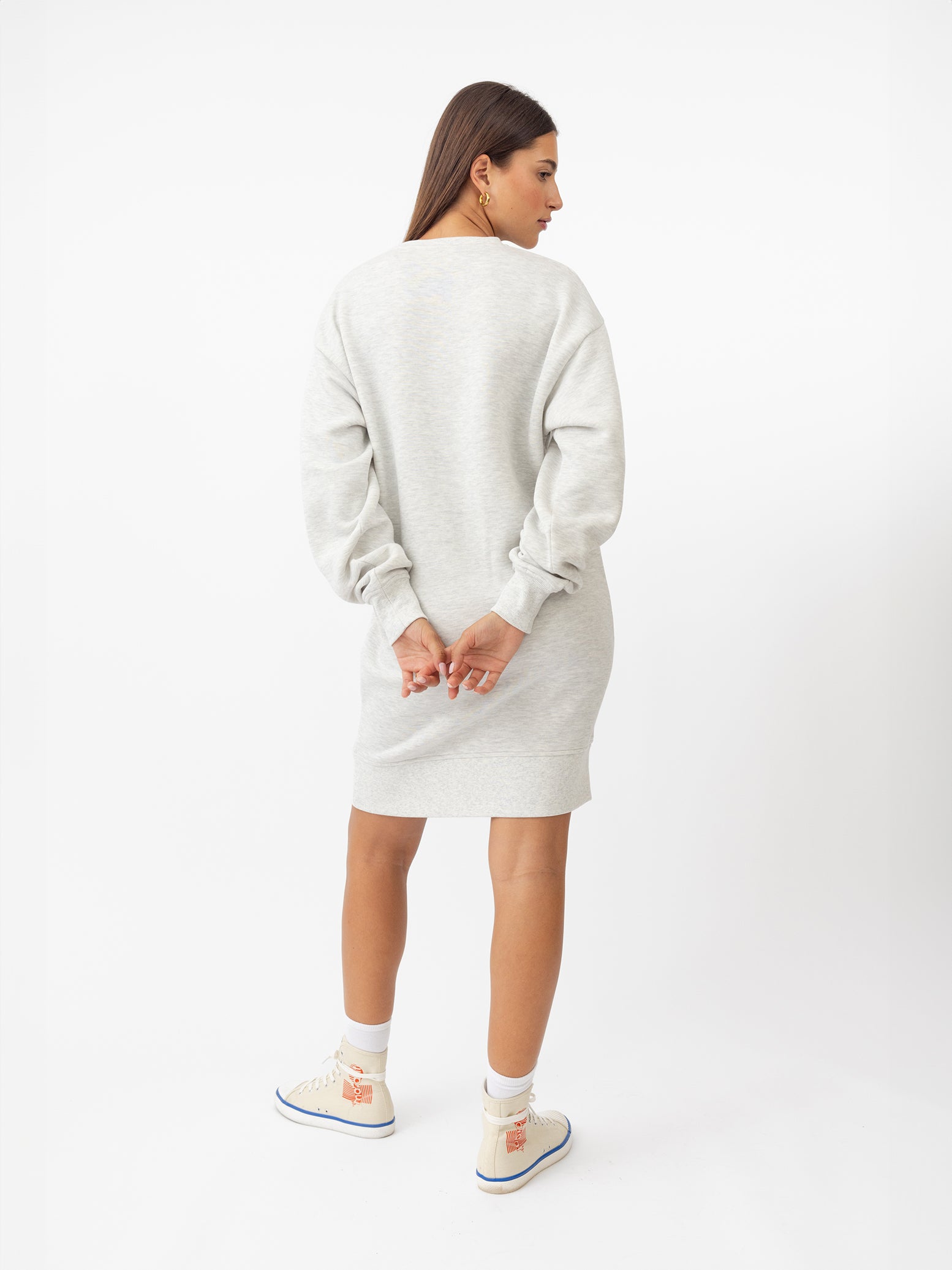 Woman wearing Heather Grey CityScape Crewneck Dress with white background 
