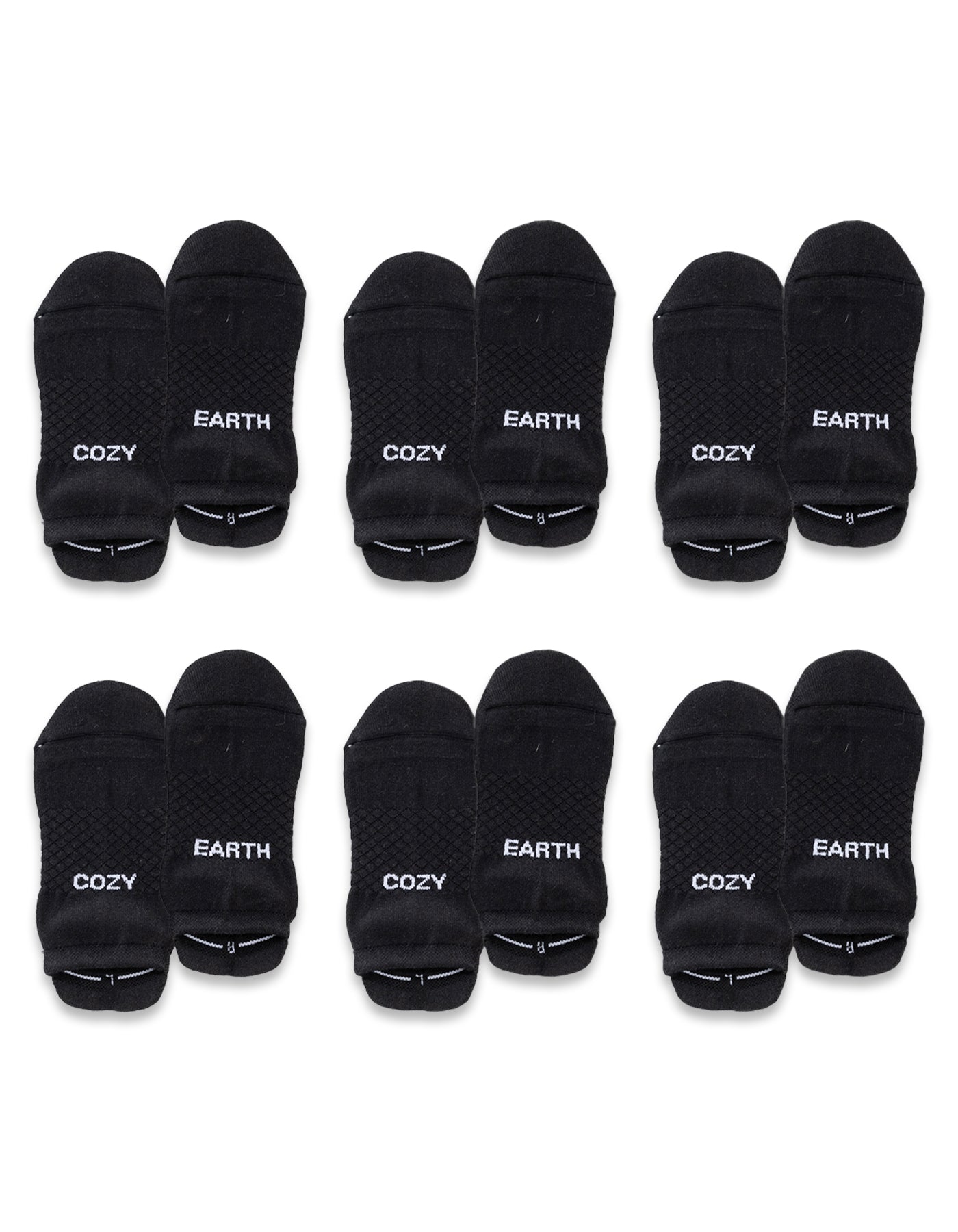 Six pairs of black Essential Ankle Socks by Cozy Earth are arranged in two rows, each pair featuring the brand's name in white text near the toes. 