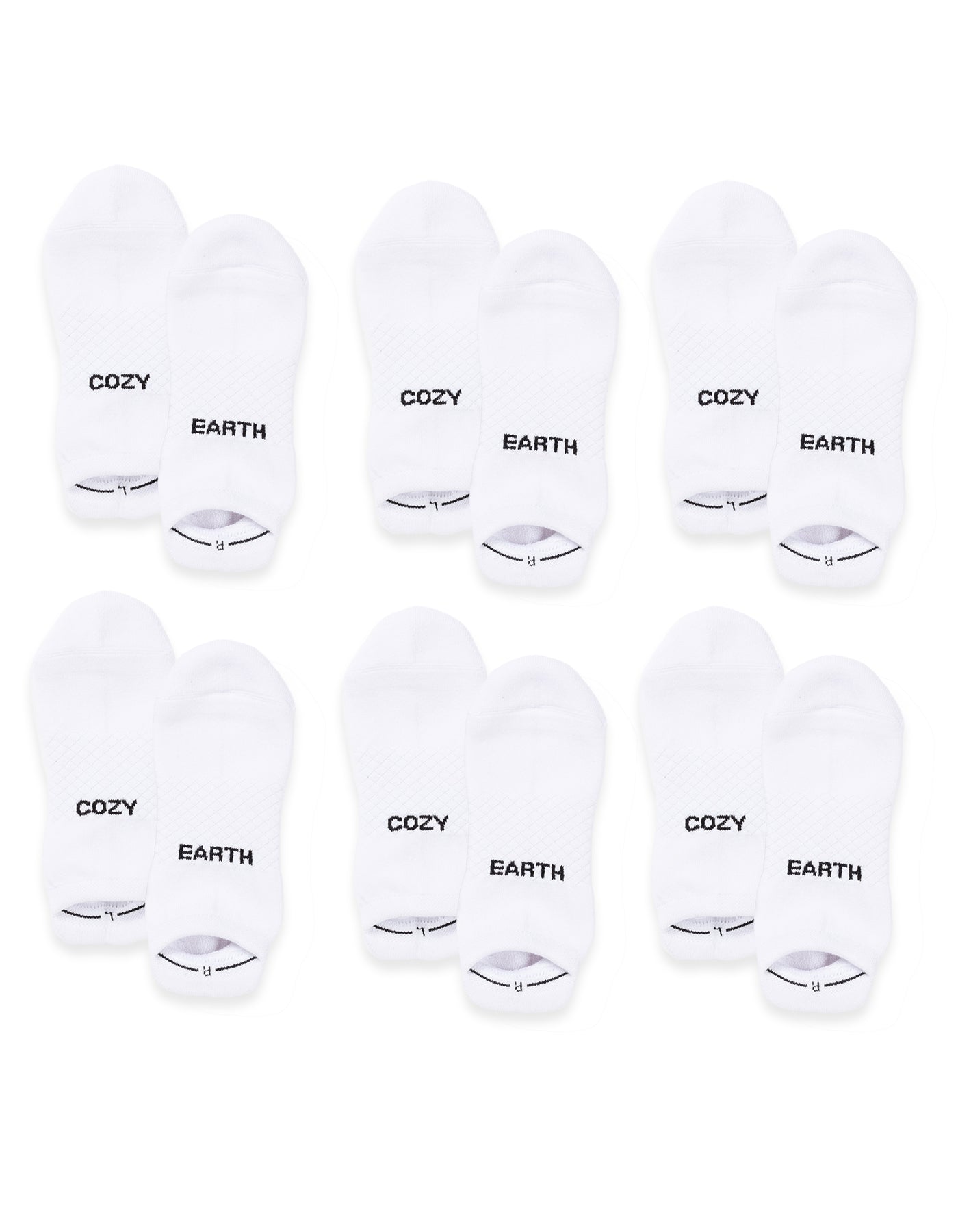 Six pairs of Cozy Earth Essential Ankle Socks are arranged in two rows on a white background. Each white sock features either "COZY" or "EARTH" in black text on top. 