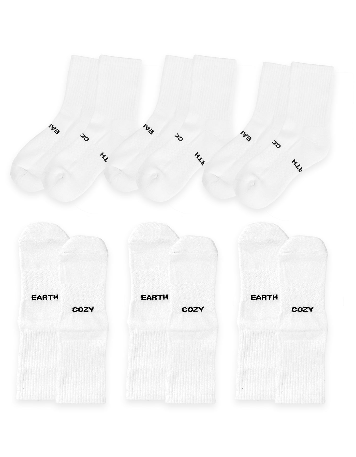 The Essential Calf Sock 6-Pack by Cozy Earth is displayed in two rows on a white background: the top row shows plain white socks, while the bottom row features socks with "EARTH" and "COZY" in black text. 